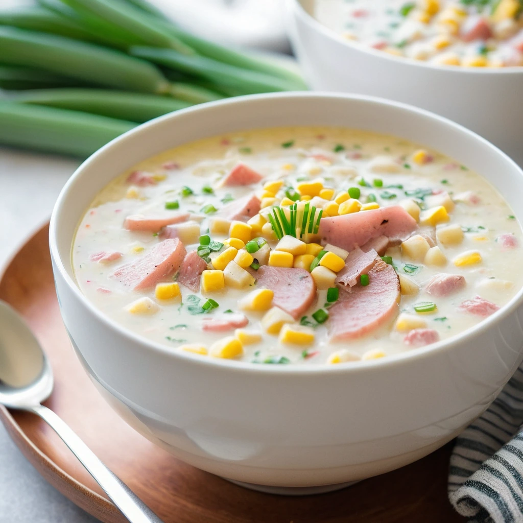 Golden chowder in a white bowl with green chives sprinkled on top