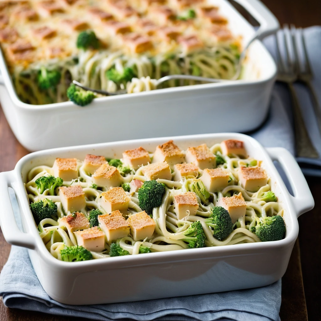 Baked casserole in a rectangular dish with melted Swiss cheese topping, featuring visible broccoli florets and ham pieces.