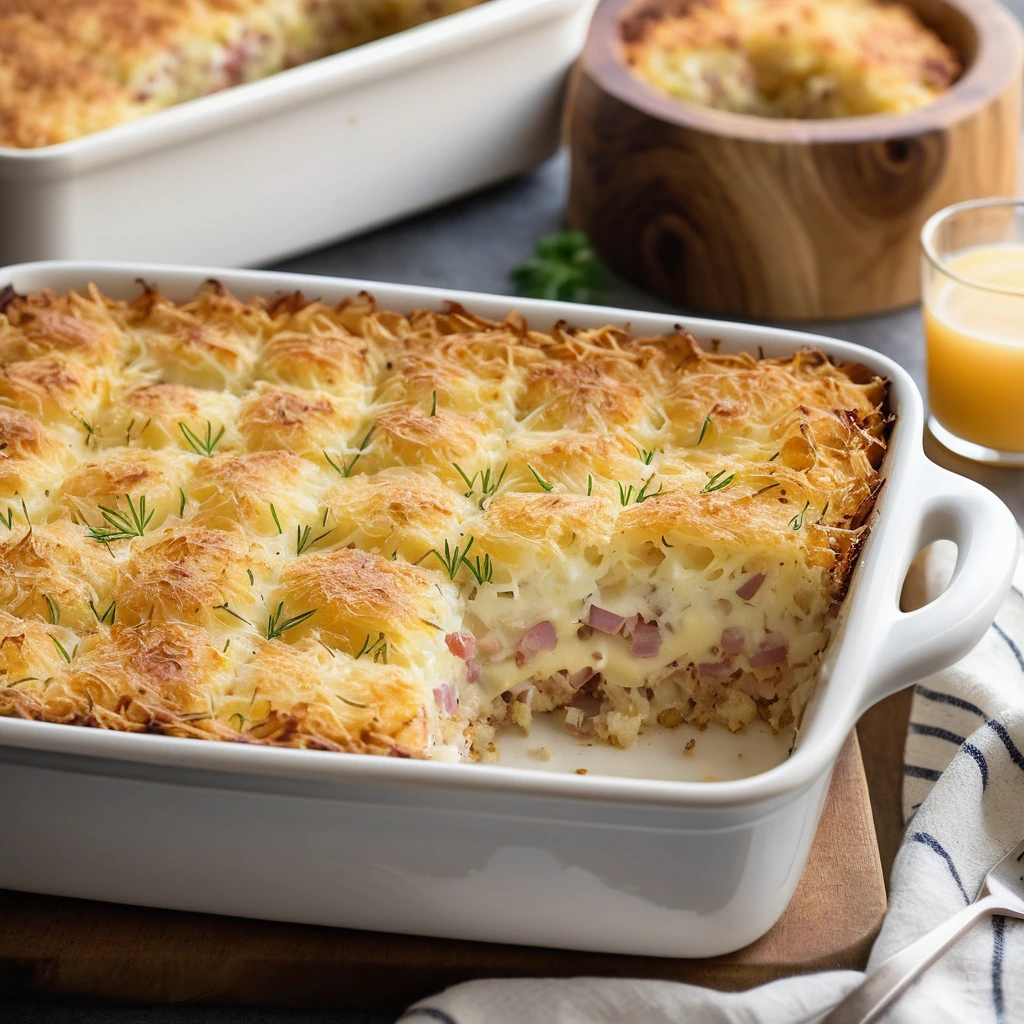 A rectangular casserole dish filled with crispy hash browns, melted Swiss cheese, and diced ham, lightly browned on top.