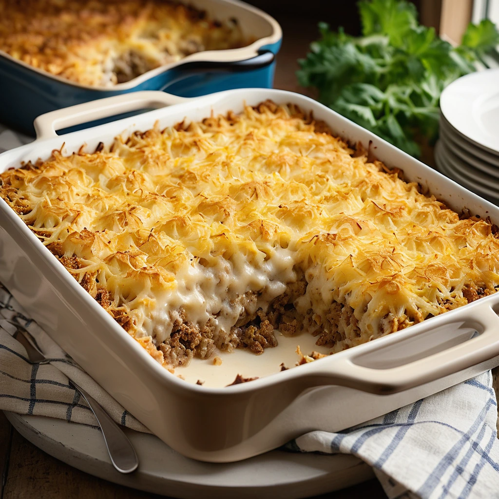 A golden casserole in a baking dish with melted cheese on top, surrounded by hash browns and ground beef.