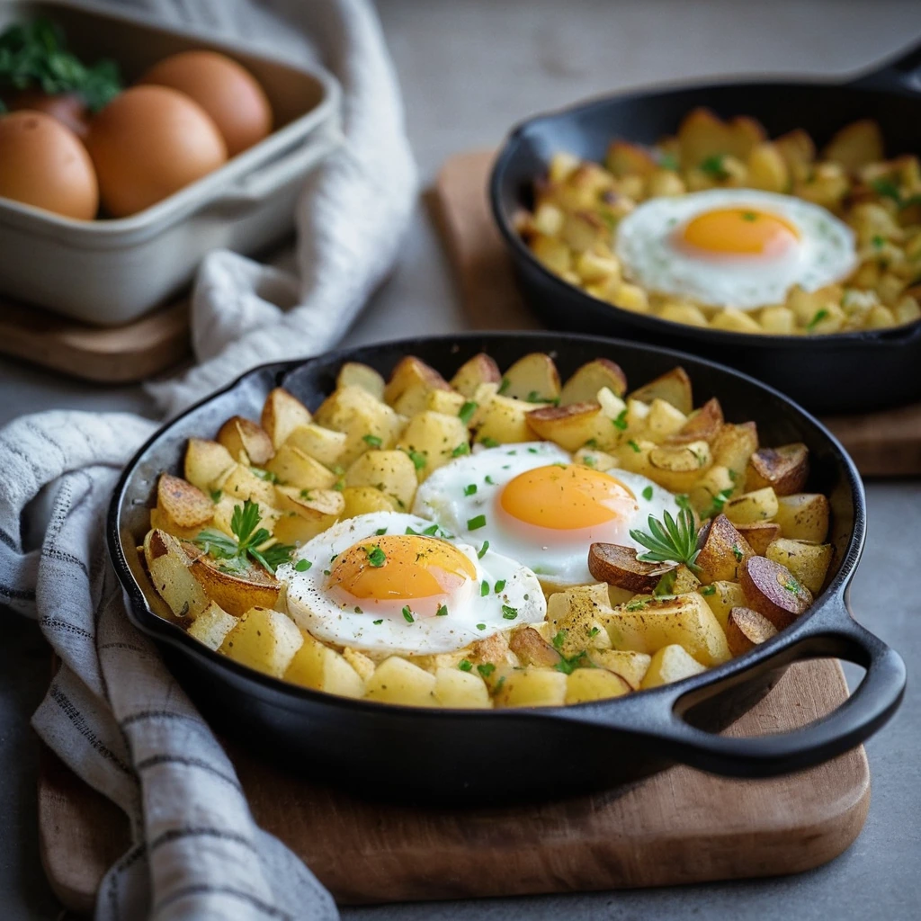 A sizzling skillet of golden potato hash topped with fluffy baked eggs and crispy edges.
