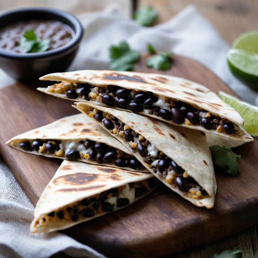 Golden brown quesadillas cut into wedges, filled with black beans and melted cheese, served on a rustic wooden board.