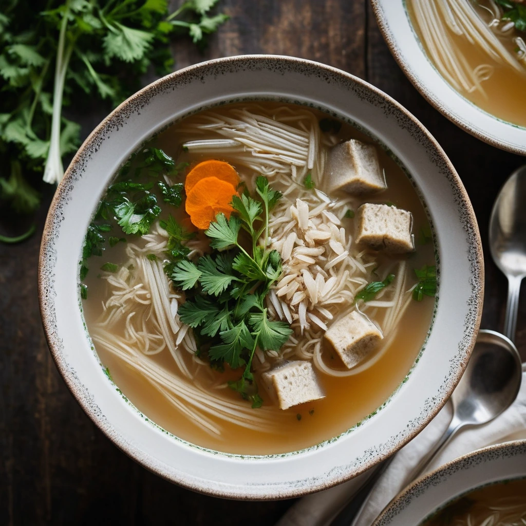 Golden broth filled with chunks of chicken, vegetables, and fluffy rice in a rustic bowl
