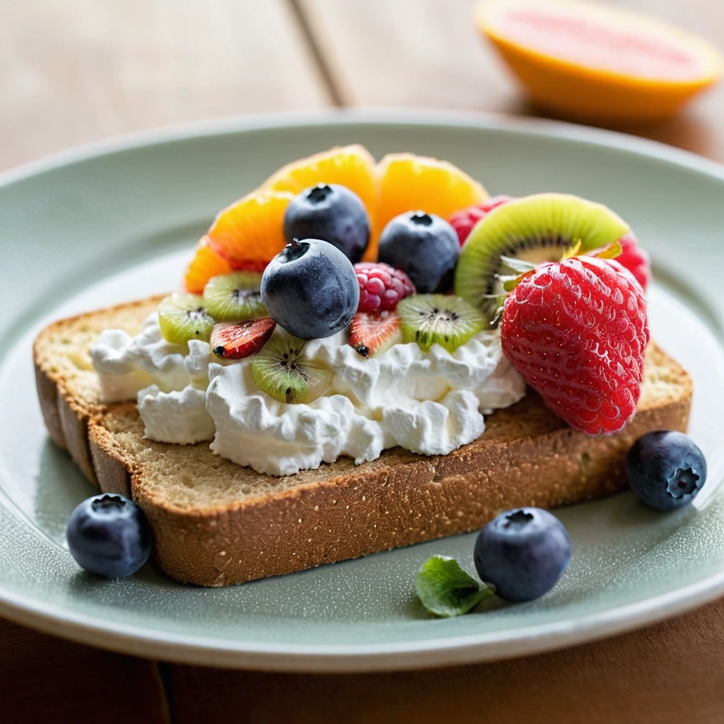 Golden toast topped with a generous dollop of white cottage cheese and a colorful array of sliced fruit.