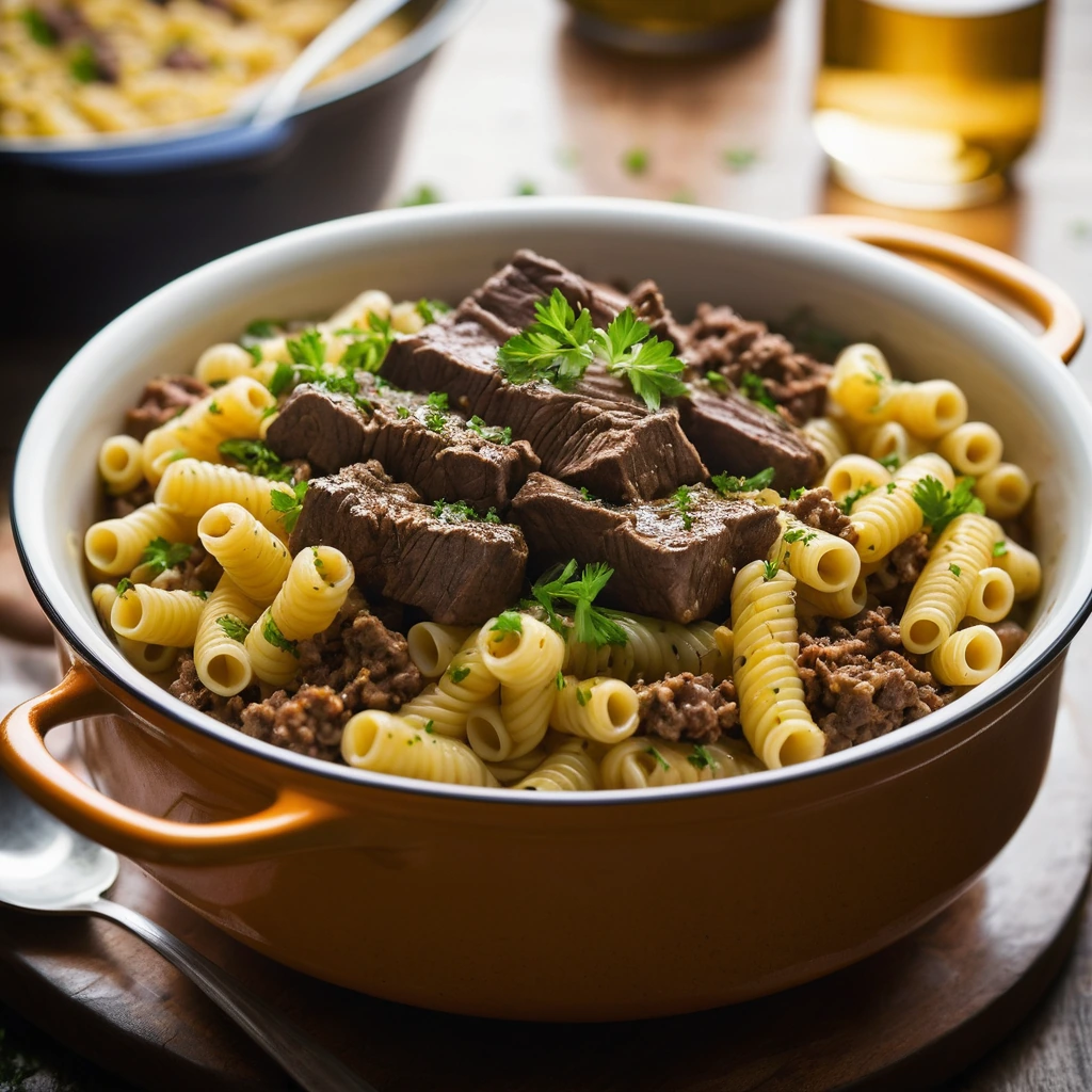 A steaming bowl of beef and macaroni with a golden crust on top and fresh parsley sprinkled across.