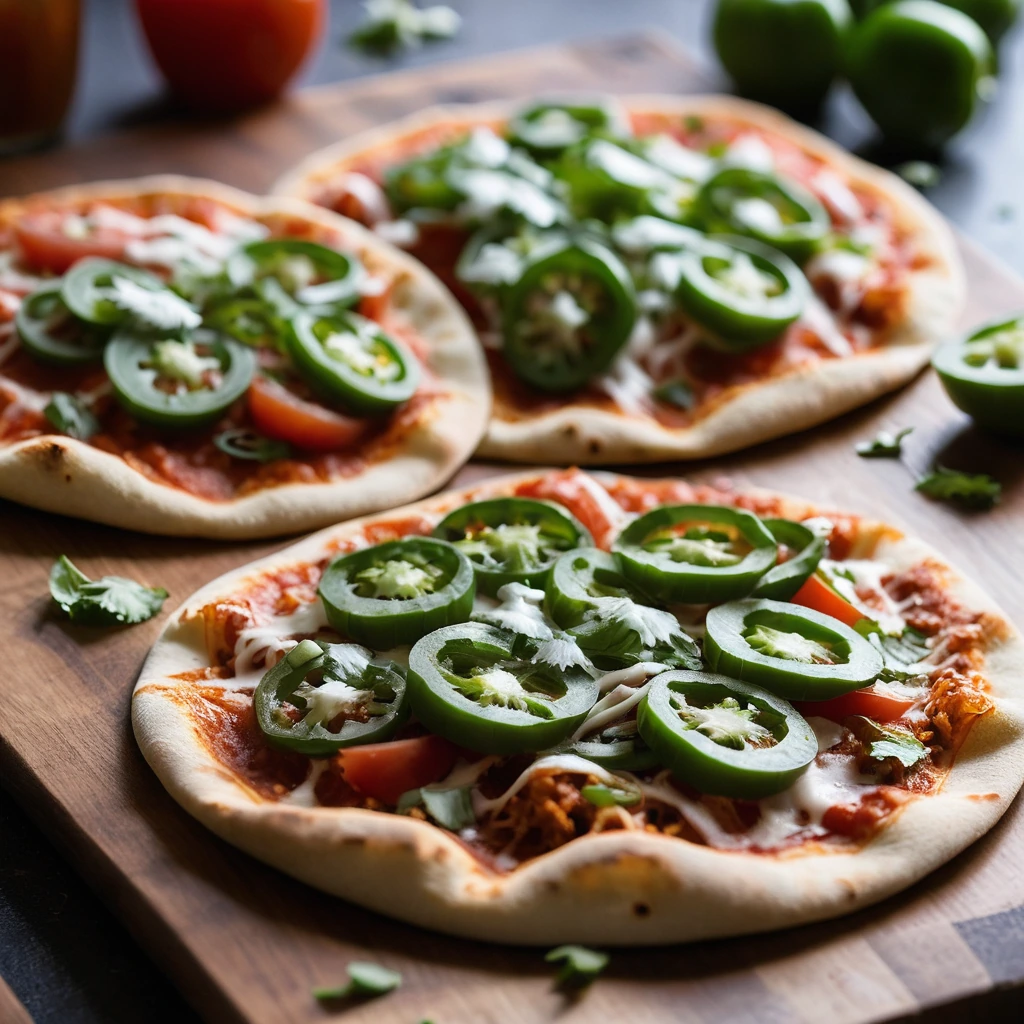 Two golden brown tortillas topped with melted cheese, tomato sauce, and green pepper slices, arranged on a rustic wooden board.