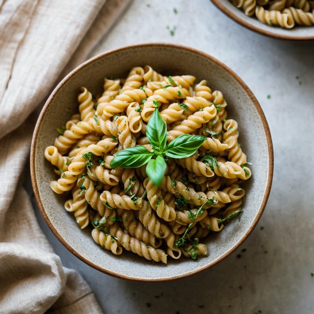 Golden pasta twirled with creamy chickpeas in a rustic bowl, garnished with fresh parsley.