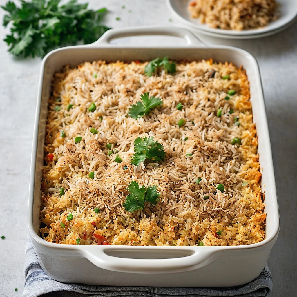 Golden-brown casserole in a baking dish with crispy top, creamy filling, and a sprinkle of paprika.