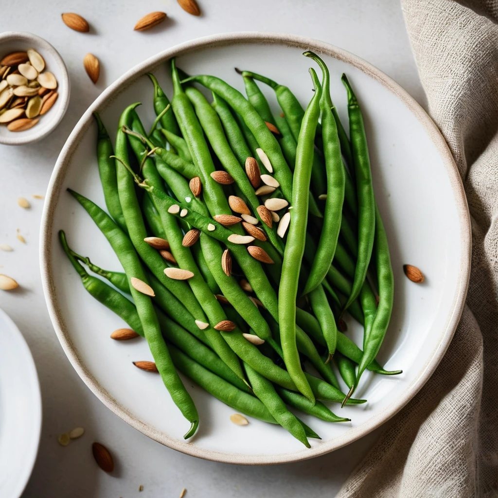 Bright green beans in a mound with golden toasted almonds on a white plate.