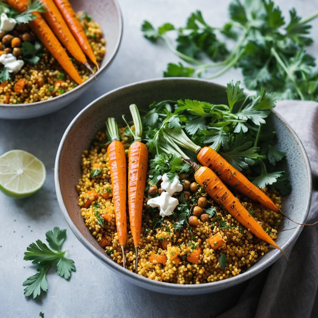 Vibrant orange roasted carrots atop golden couscous, sprinkled with fresh parsley.