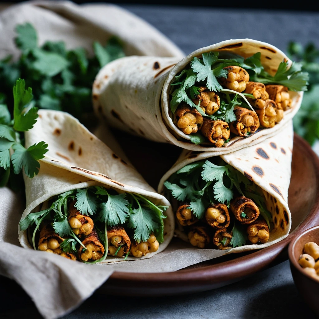 Golden roasted cauliflower and chickpeas nestled in warm, soft tortillas, sprinkled with fresh cilantro.
