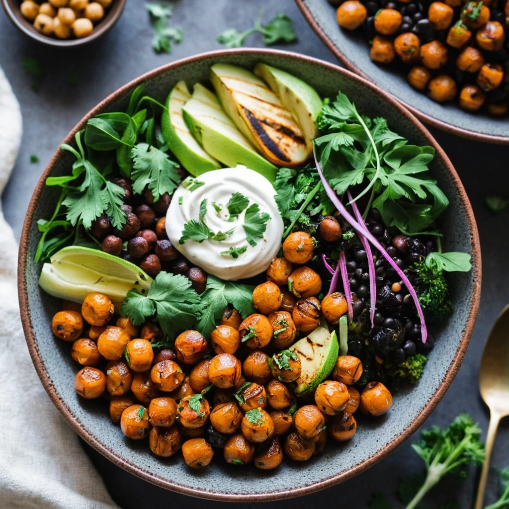 Colorful roasted vegetables and chickpeas in a bowl, drizzled with harissa sauce, served over a bed of greens.