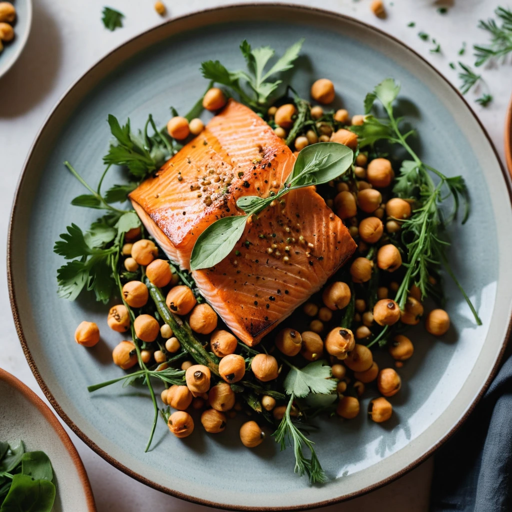 Plated roasted salmon and chickpeas with a golden brown crust and vibrant orange hues from the harissa.