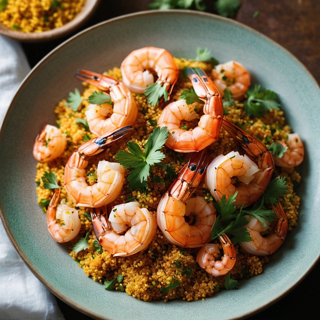 Colorful shrimp roasted with harissa served over golden couscous in a shallow bowl, garnished with fresh cilantro.