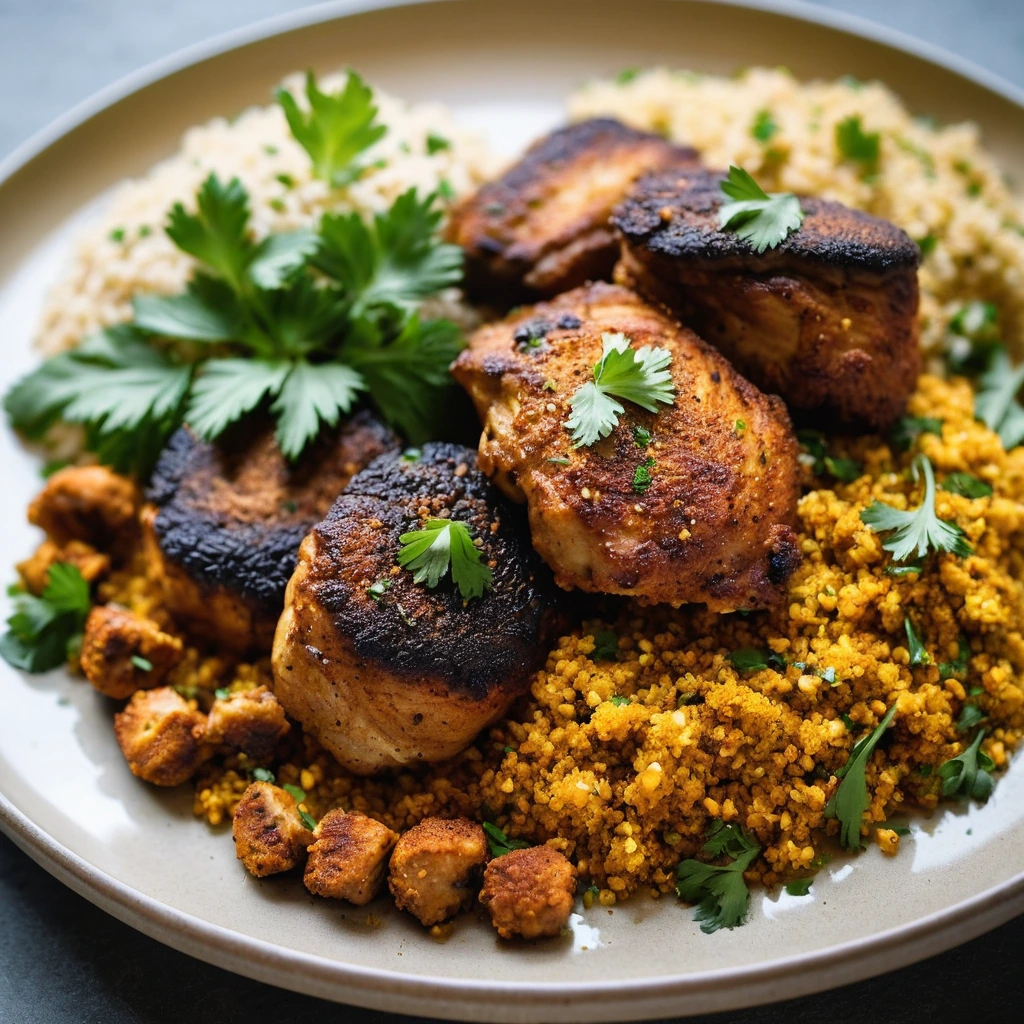 Platter of golden couscous topped with browned chicken thighs, garnished with fresh cilantro.