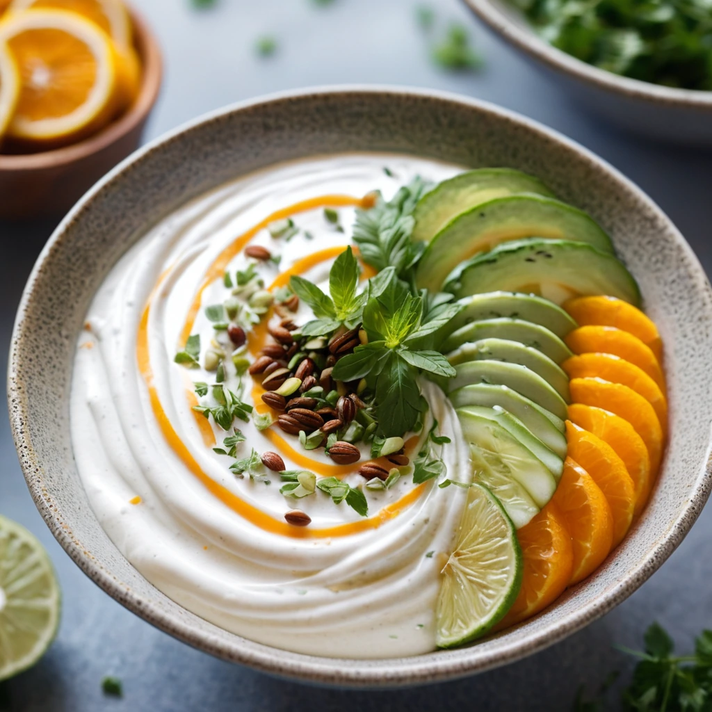 A swirl of creamy orange drizzle over a colorful grain bowl with fresh herbs