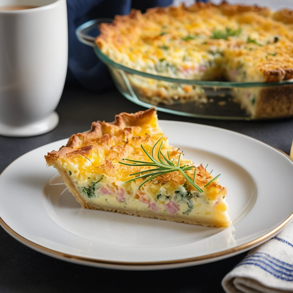 Quiche with a golden hash brown crust, filled with fluffy egg and flecks of ham and cheddar in a round pie dish.