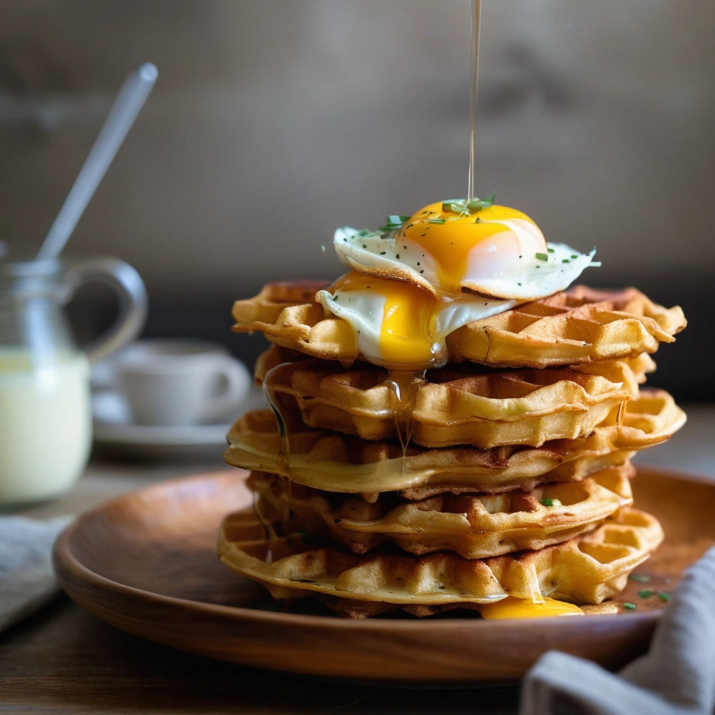 Golden hash brown waffles stacked with eggs and cheese on a rustic plate