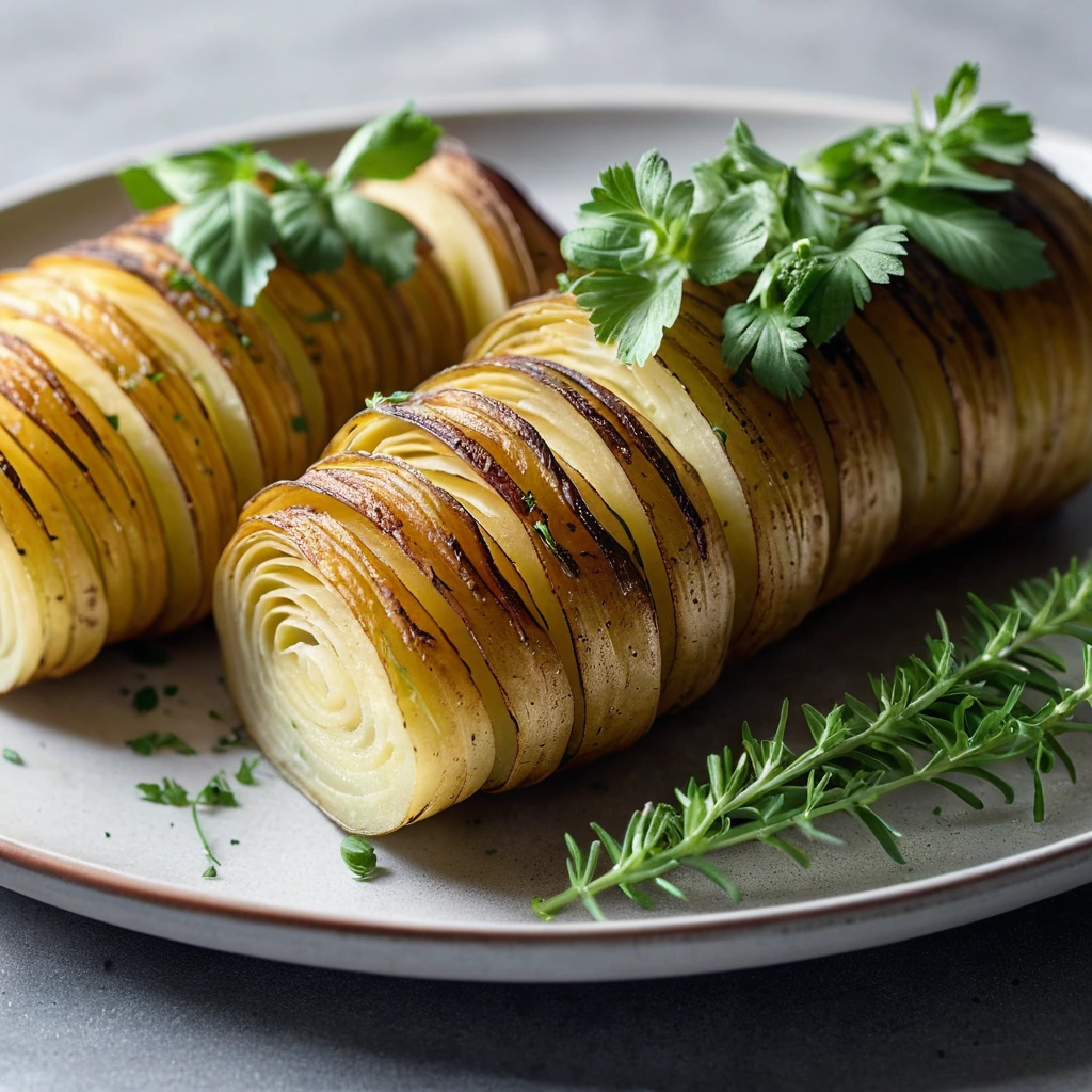 A plate of golden, crispy sliced potatoes fanned out and topped with fresh herbs.