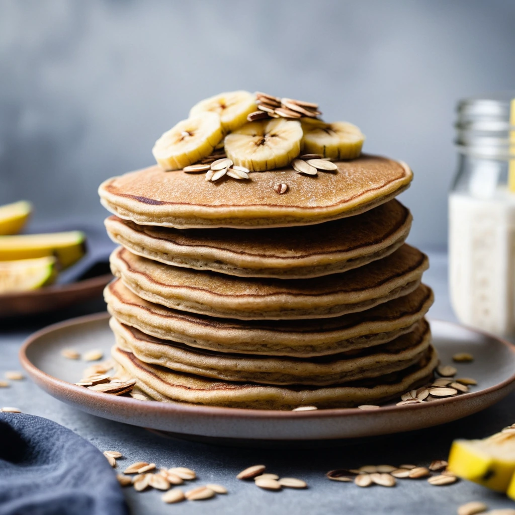 Stack of fluffy golden pancakes with crispy edges, lightly dusted with powdered sugar, served with fresh banana slices on the side.