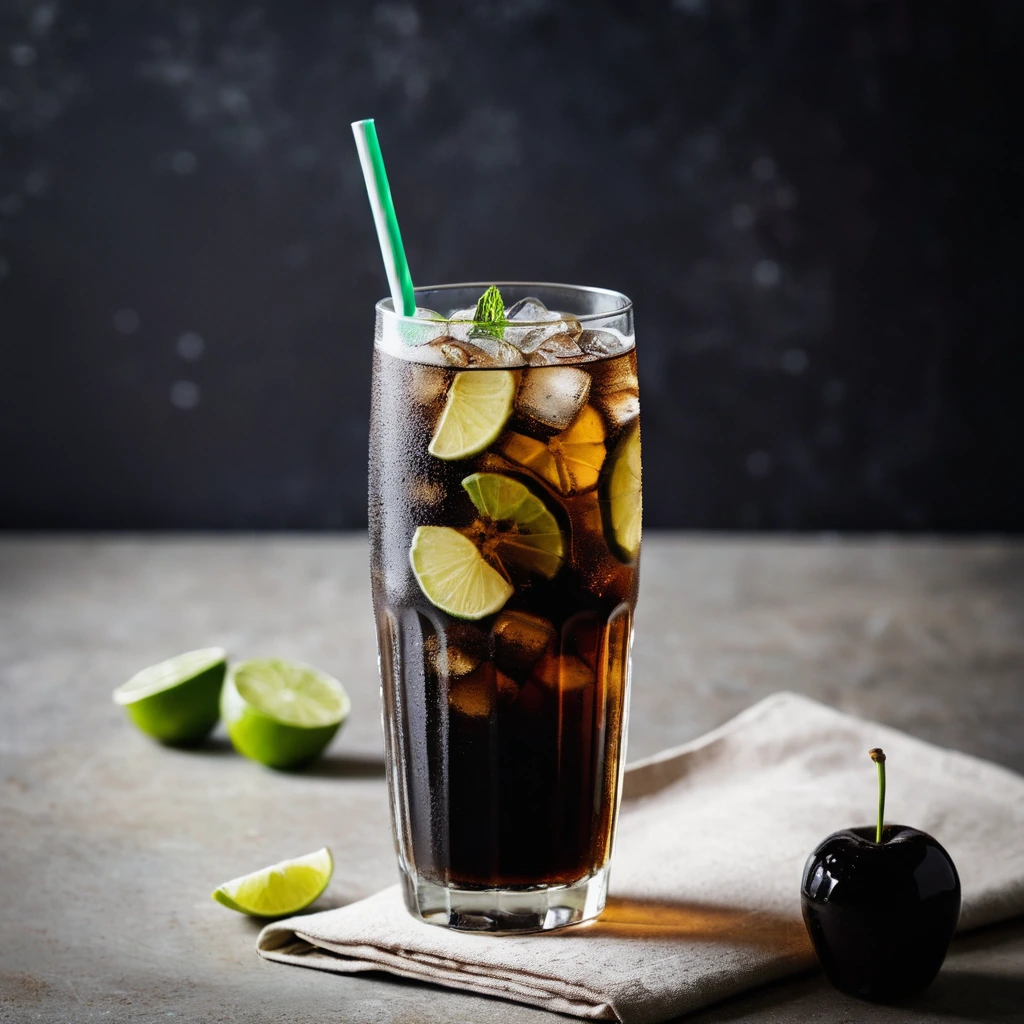 A tall glass filled with a dark, bubbly soda with a lime wedge garnish