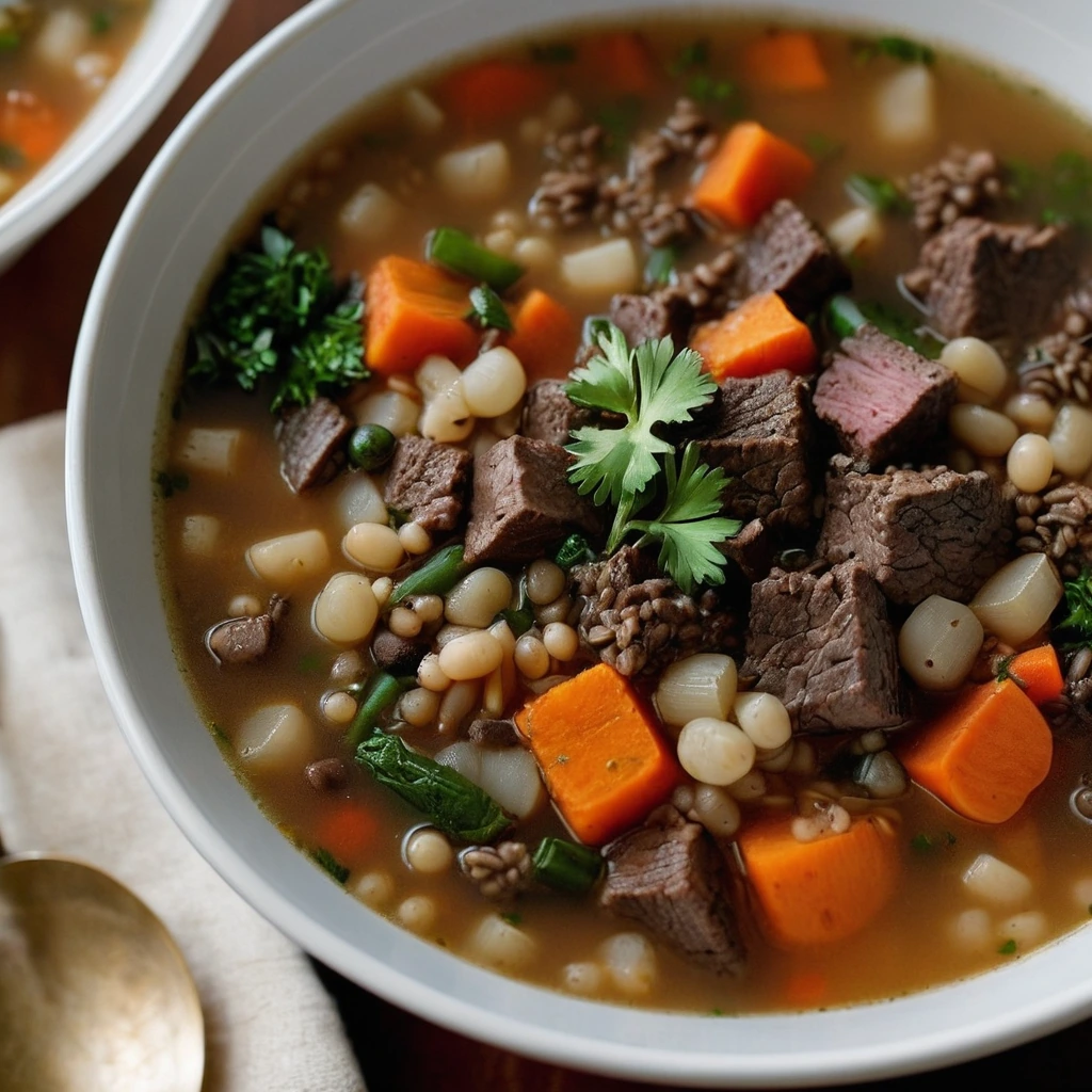 Steaming bowl of soup with chunks of beef, barley, and assorted vegetables in a rich brown broth, garnished with fresh parsley.