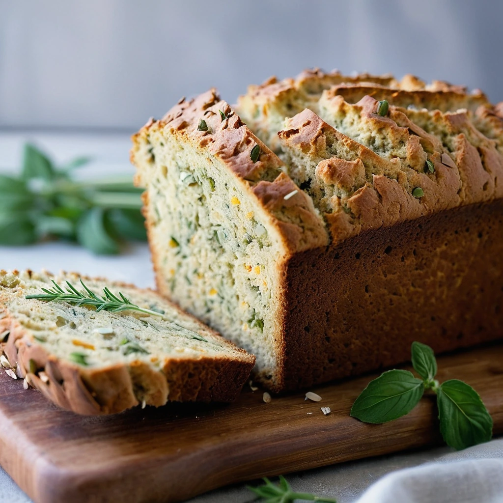 Golden-brown soda bread loaf sprinkled with fresh herbs and flecks of cheddar cheese, sliced open to reveal a soft crumb.