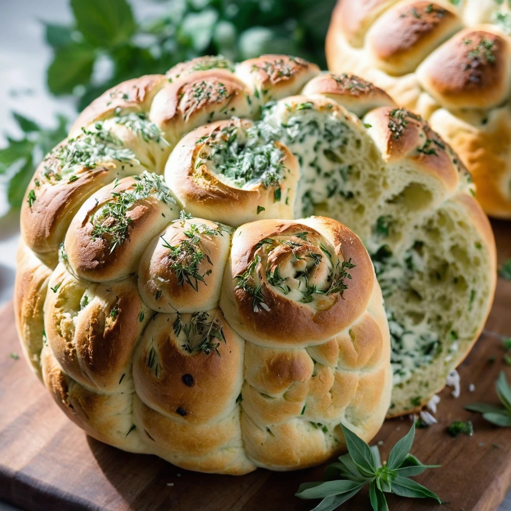Golden, bubbly bread with melted cheese, green herbs, and garlic cloves in a round loaf.