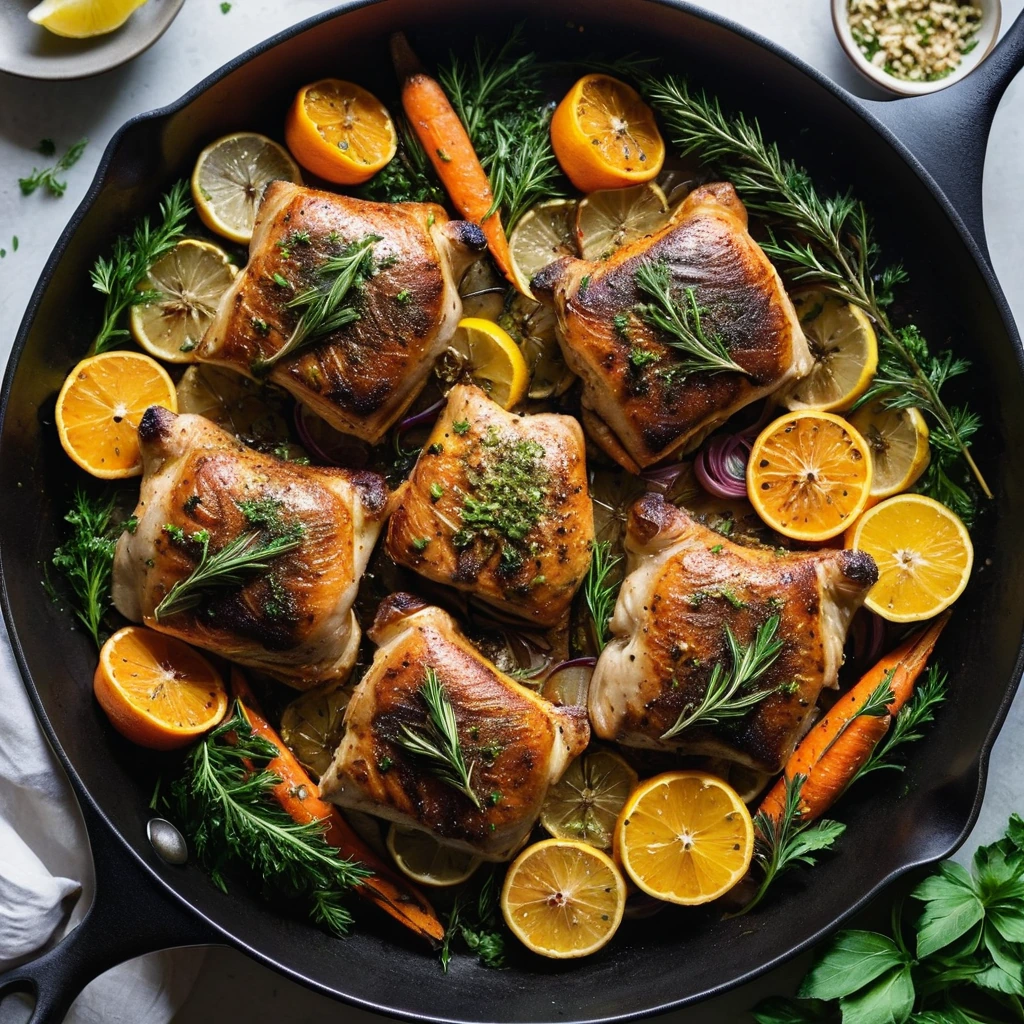 Golden chicken thighs surrounded by roasted carrots, potatoes, and onions, drizzled with a vibrant herb and citrus glaze.