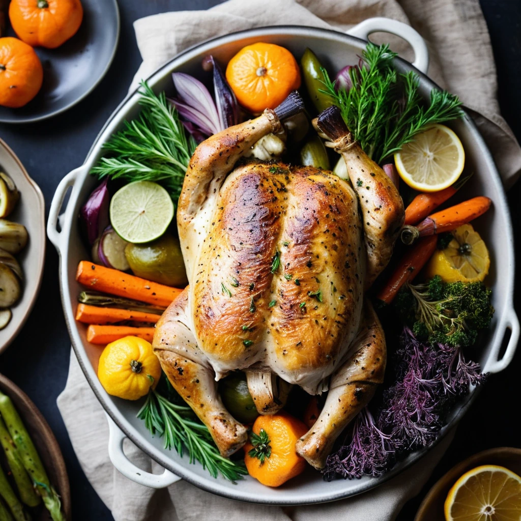 Golden whole chicken surrounded by colorful roasted vegetables on a baking sheet.