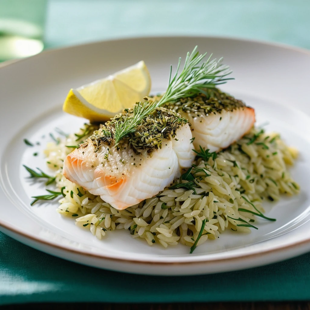 Two herb-crusted cod fillets on a bed of lemon-infused orzo, vibrant green herbs sprinkled on top.