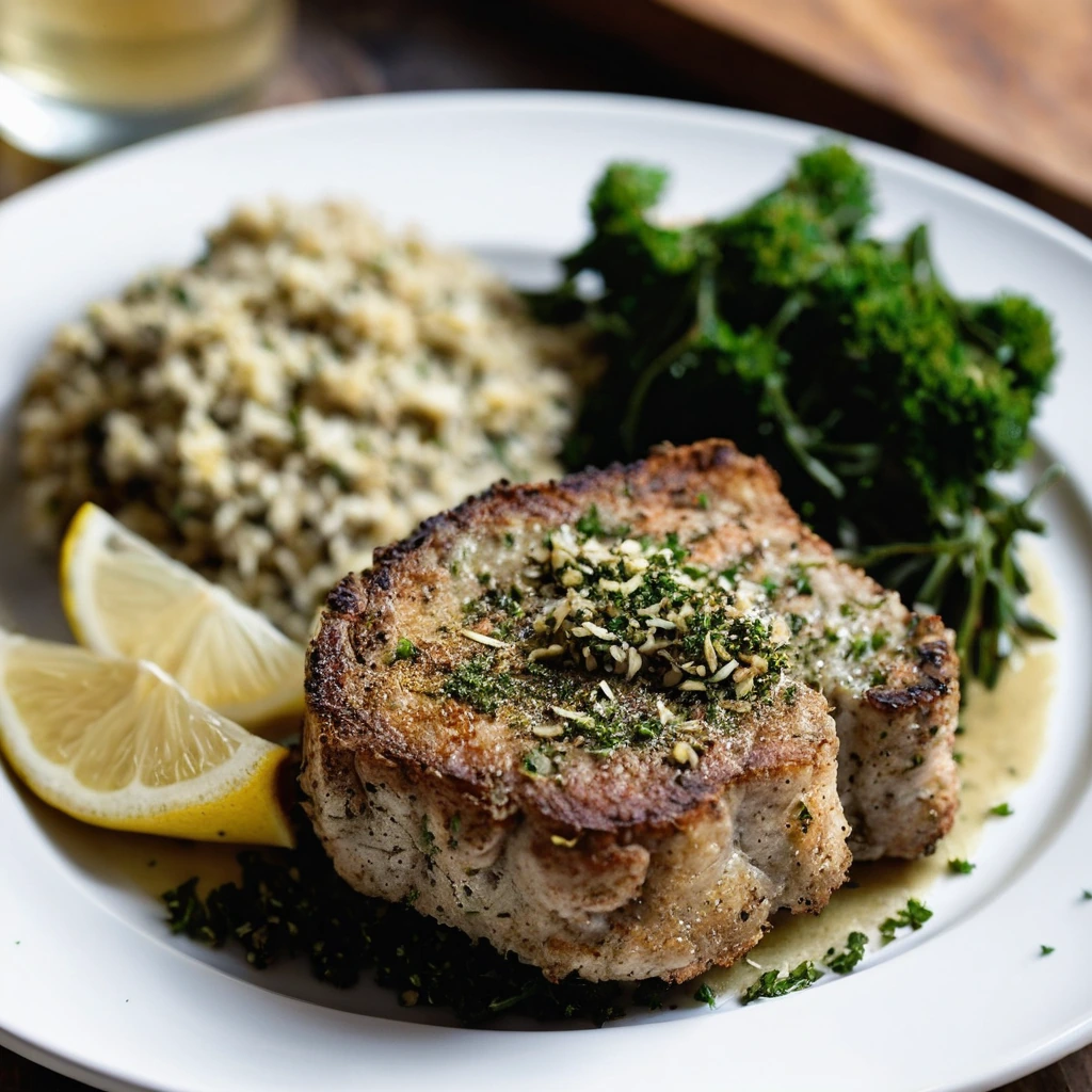 Golden-brown pork chops with a fragrant herb crust served with a drizzle of garlic butter on a rustic wooden board.