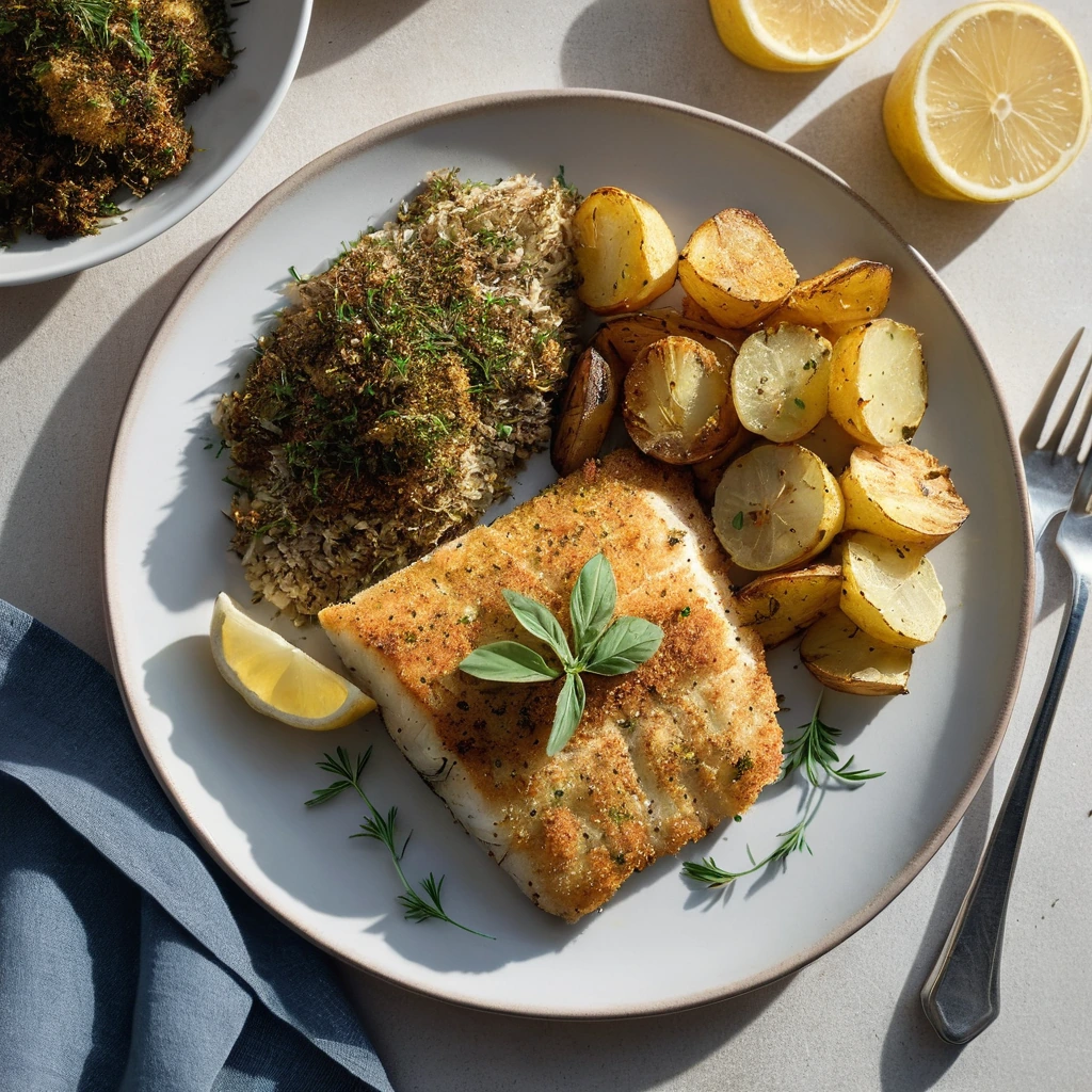 Two tilapia fillets with a golden herb crust served alongside a mound of crispy golden roasted potatoes on a white plate.