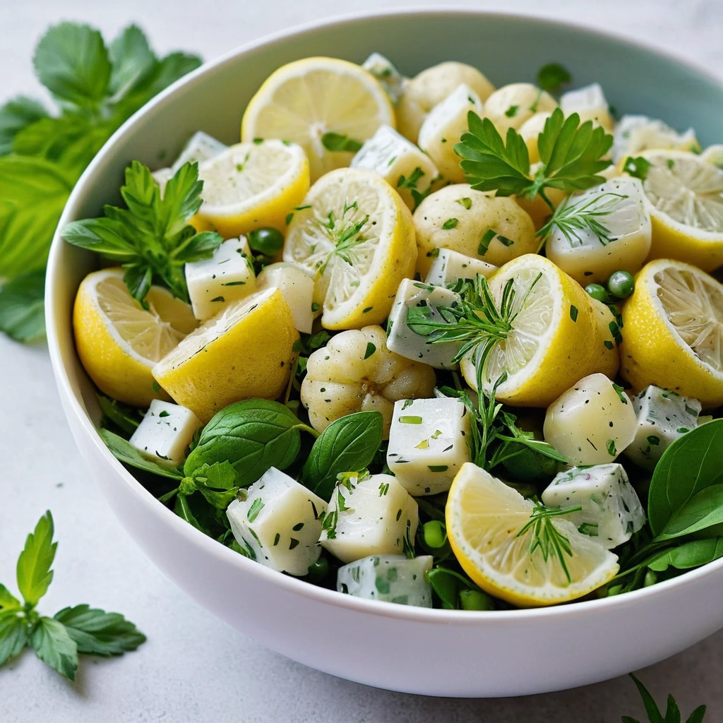 Colorful potato salad in a white bowl, garnished with fresh herbs and lemon zest.