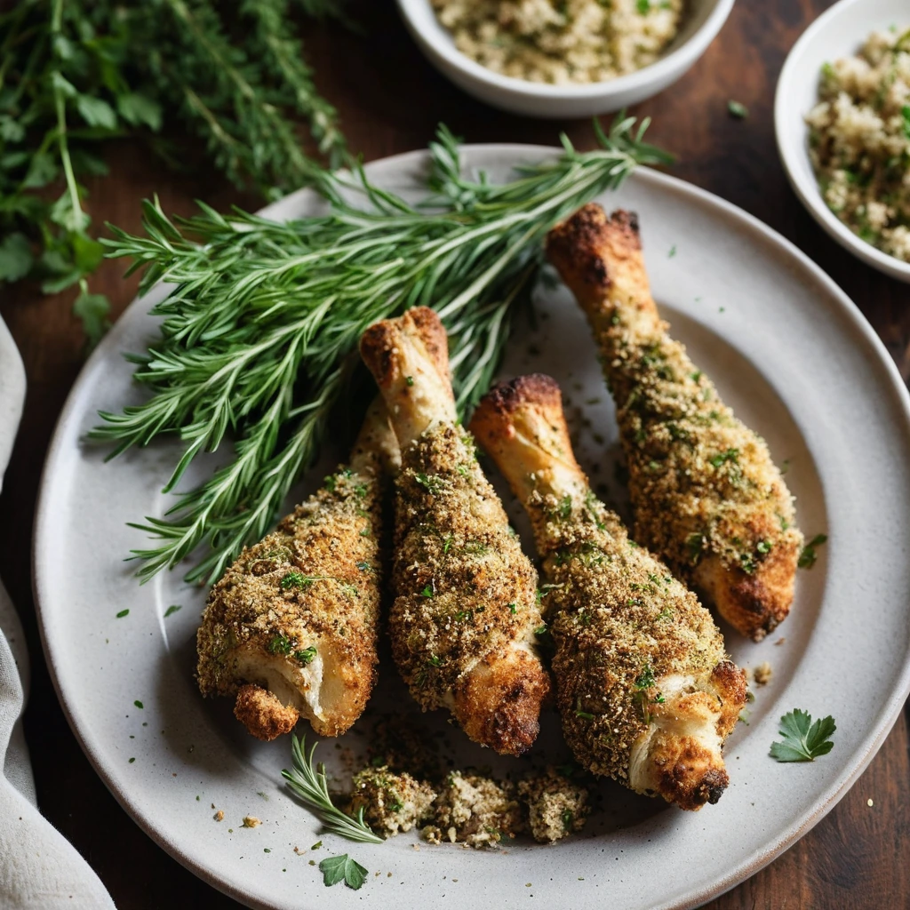 Plate of golden roasted chicken drumsticks coated with golden bread crumbs and fresh herbs.