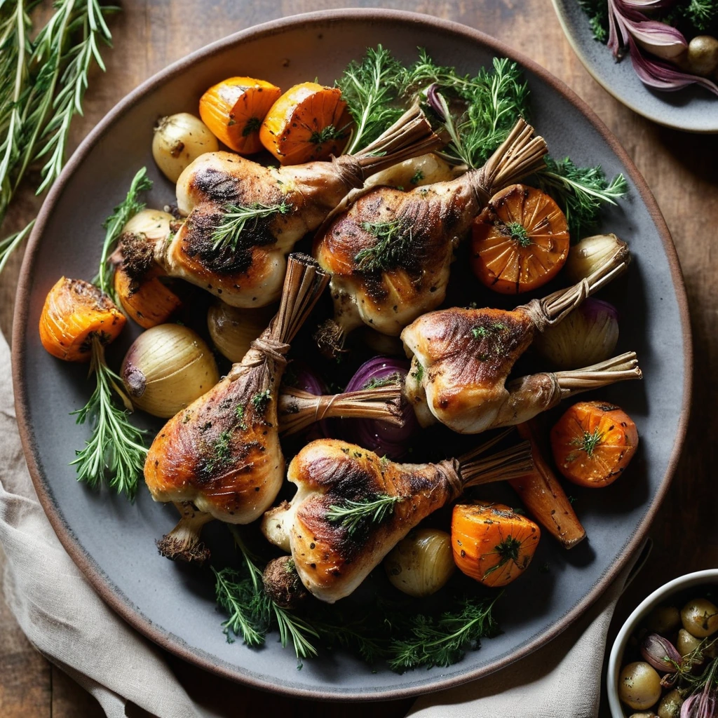 Platter of roasted chicken drumsticks surrounded by golden root vegetables, sprinkled with fresh herbs.
