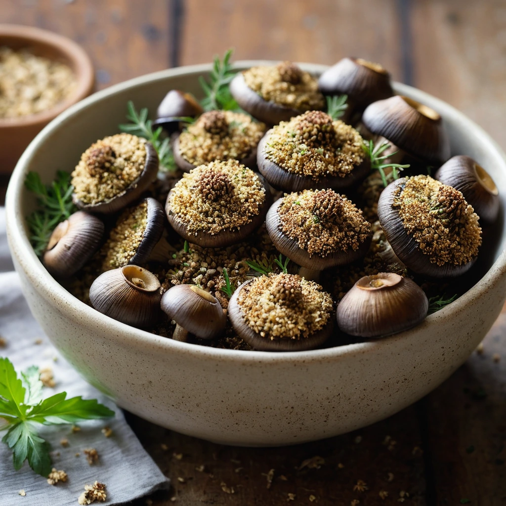 Roasted mushrooms in a rustic bowl topped with a generous sprinkle of golden toasted breadcrumbs and fresh herbs.