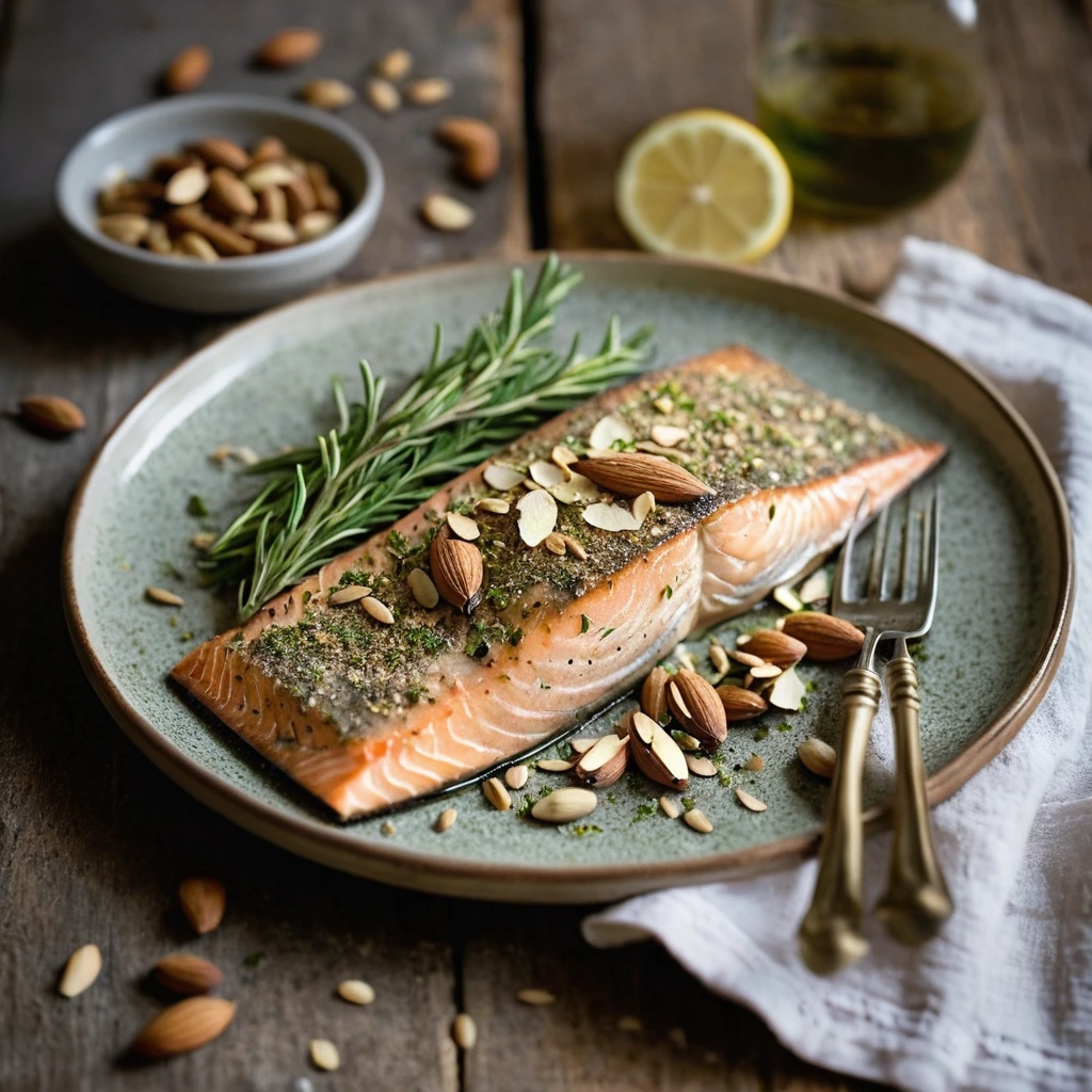 Golden brown trout fillets with a sprinkle of toasted almonds on a rustic plate.