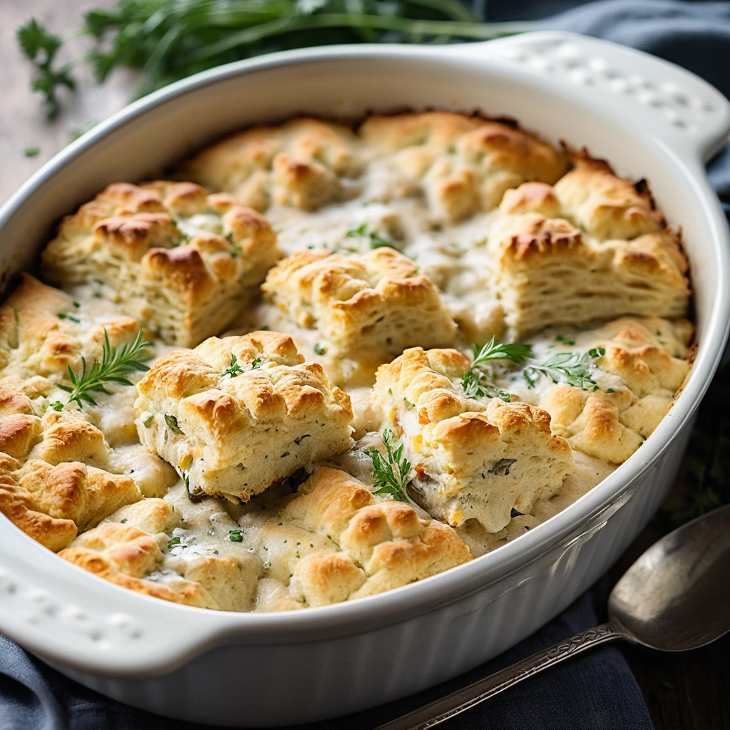 A bubbling casserole dish with golden brown biscuits on top, revealing creamy chicken and melted cheddar cheese beneath, sprinkled with fresh herbs.