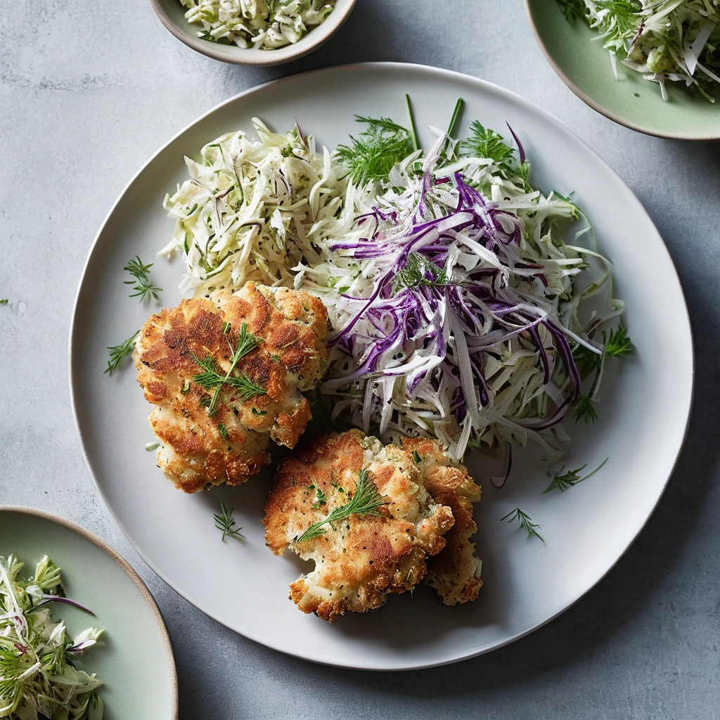 Golden chicken cutlets with green herbs, served with a vibrant green and purple dill slaw on a white plate.