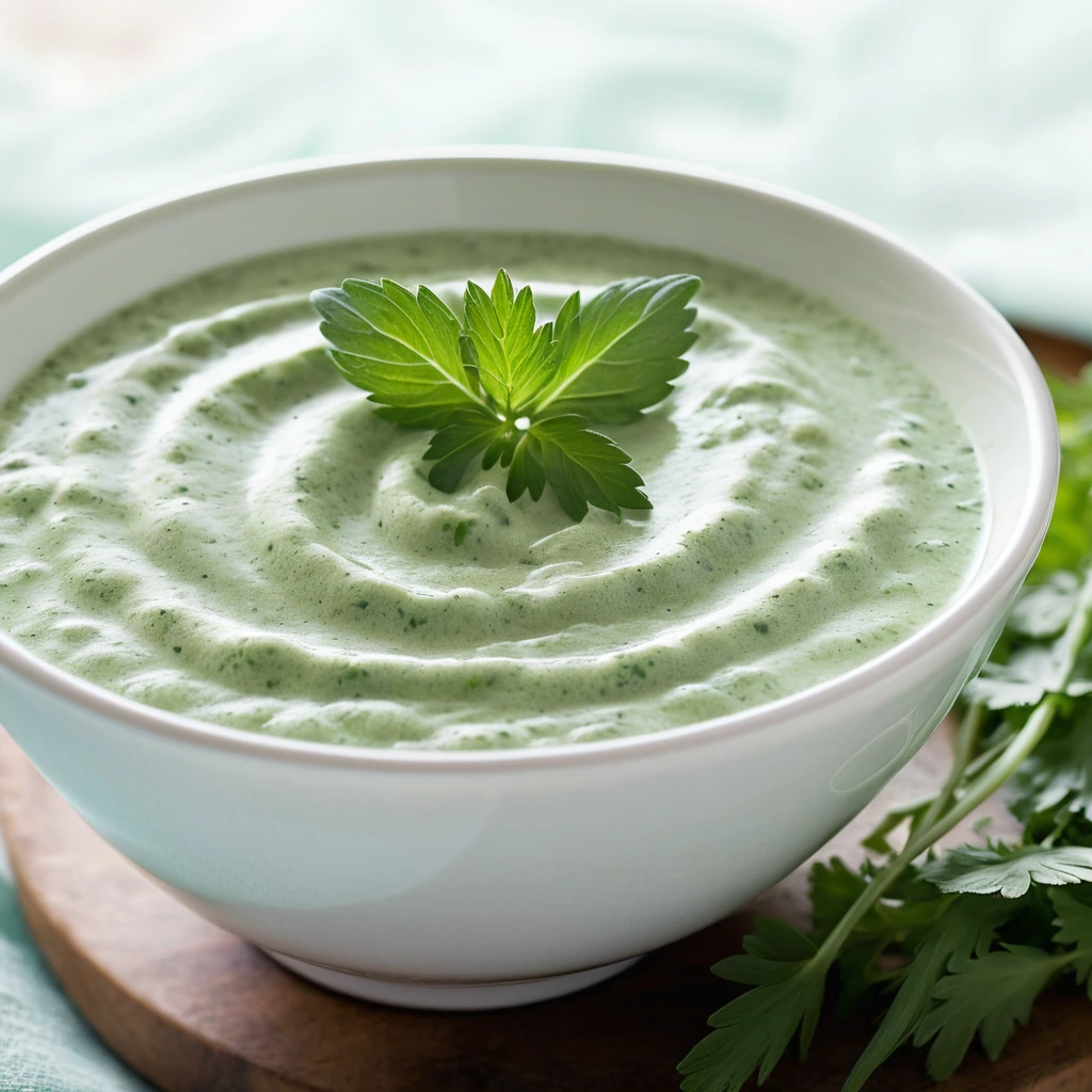 Creamy green dip in a white bowl garnished with sprigs of parsley and chives