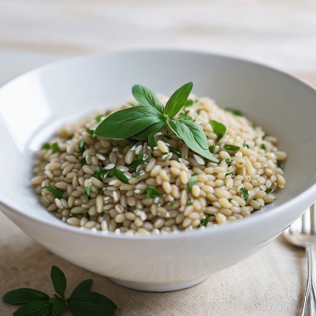 golden barley risotto in a white bowl, topped with green herbs and grated Parmesan