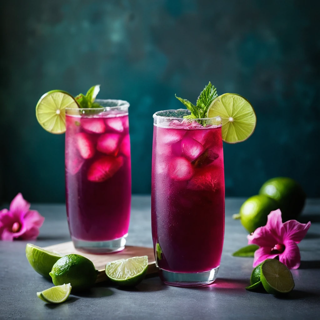 Deep magenta drink with lime wedges in a tall glass