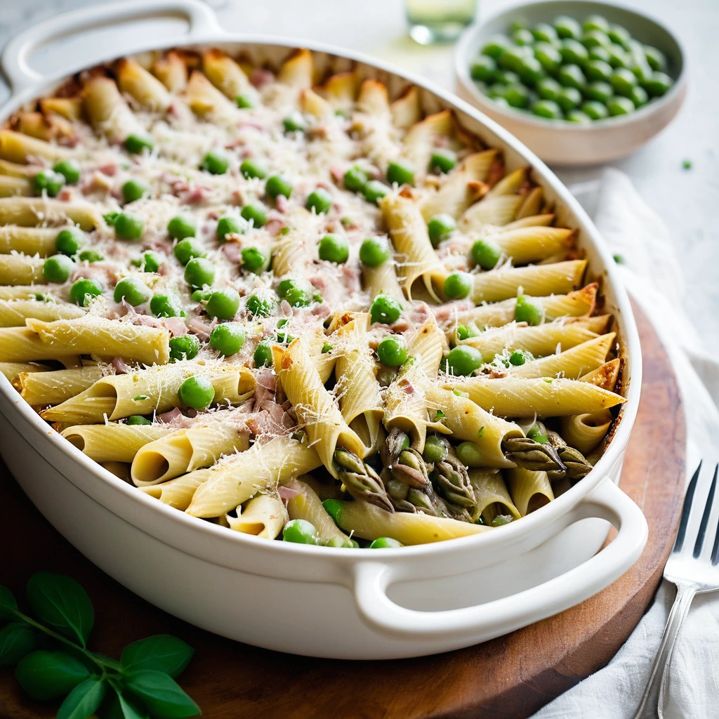 Baked penne pasta in a golden, bubbly cheese topping with green peas and diced ham in a casserole dish.