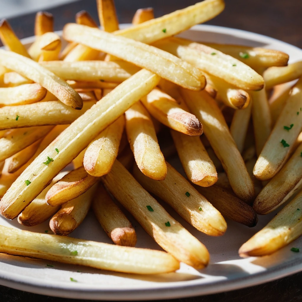 Plate of golden brown fries with a sprinkle of parsley.