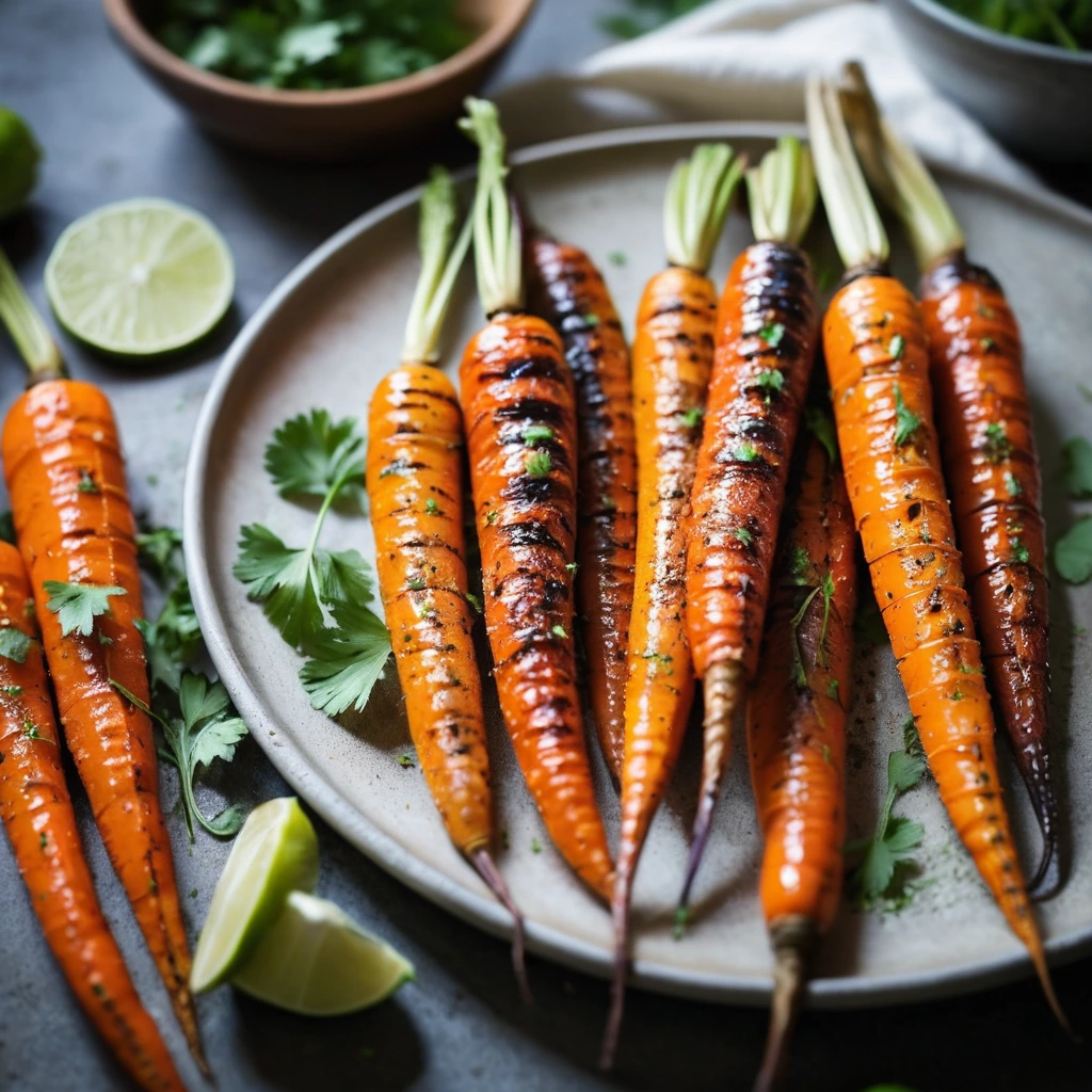 Golden roasted carrots on a rustic platter, drizzled with honey and garnished with fresh cilantro.