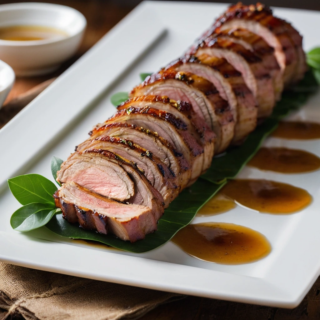 Golden brown bacon-wrapped pork tenderloin with a glossy honey garlic glaze on a serving platter