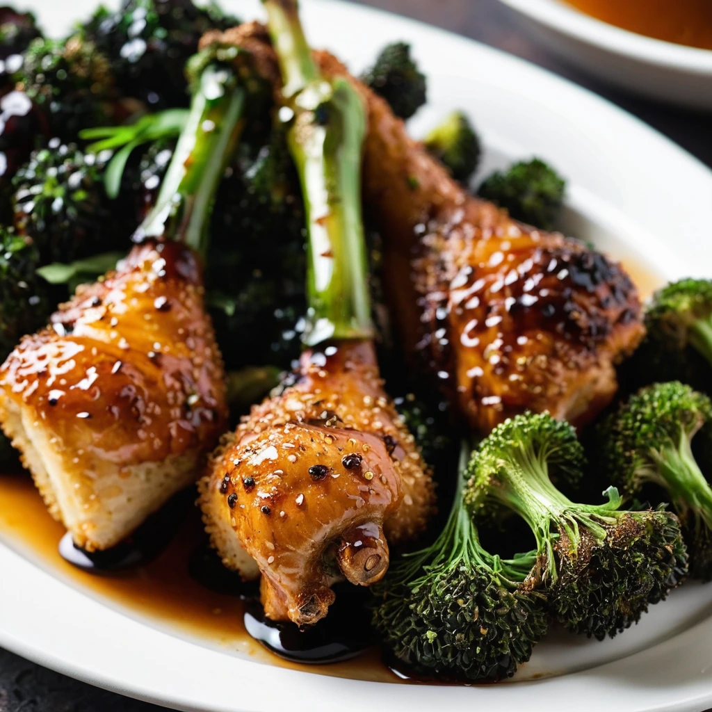 Golden chicken drumsticks glazed with honey garlic sauce on a plate with roasted broccoli florets