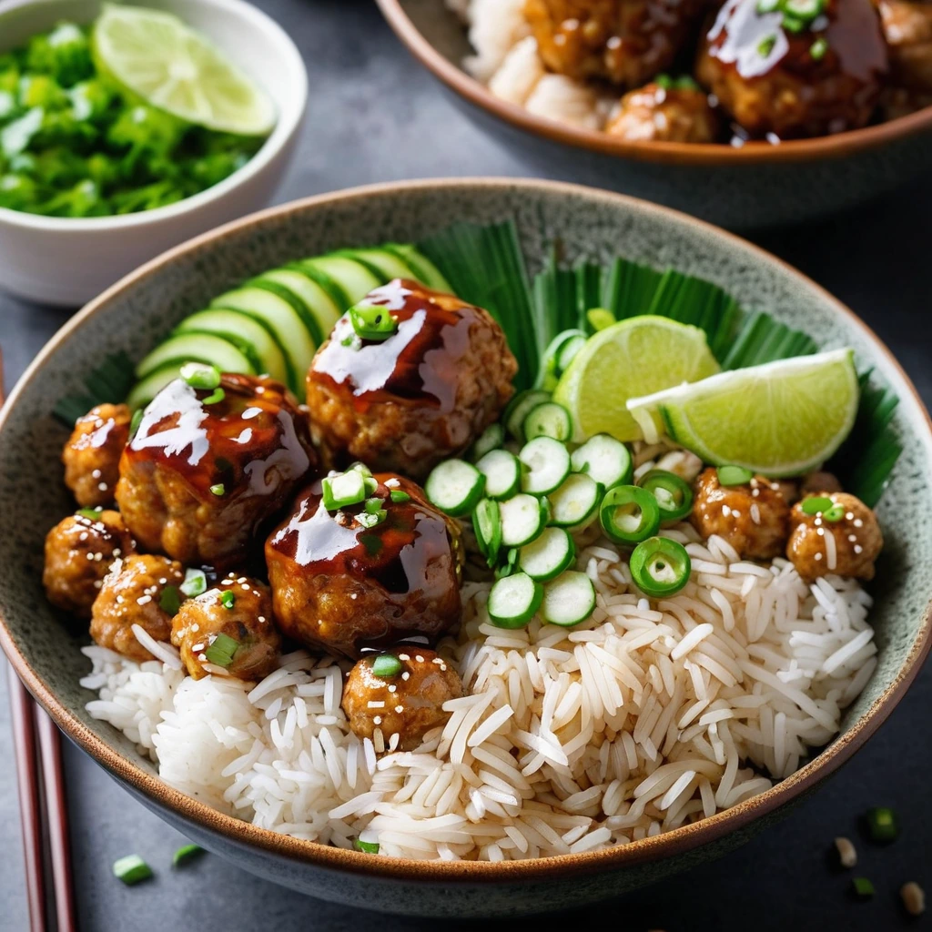 Steamed rice topped with golden-brown chicken meatballs and drizzled with a shiny amber sauce, garnished with green onions.