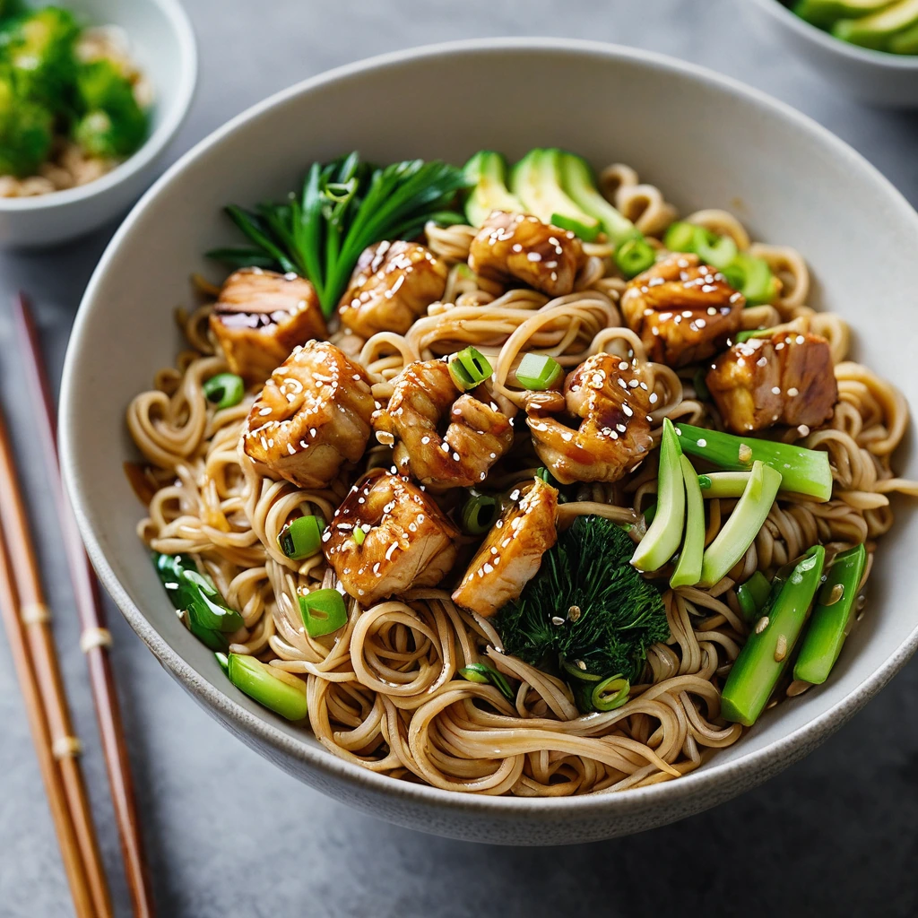 Stir-fried ramen noodles with golden chicken pieces in a glossy sauce, served in a bowl with green onions on top.